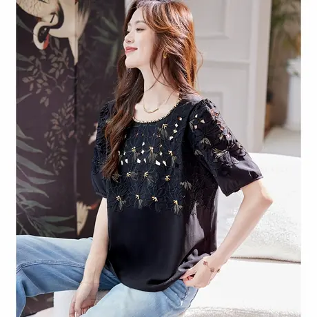 宝诗黎钉珠刺绣镂空短袖T恤2025夏季洋气宽松休闲百搭莱赛尔上衣商品大图