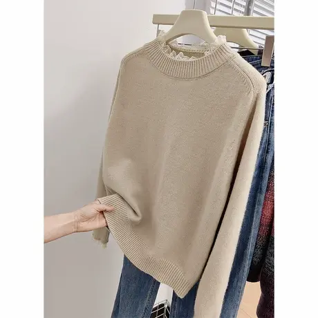 蕾丝拼接套头毛衣女纯色休闲百搭洋气长袖针织衫上衣商品大图