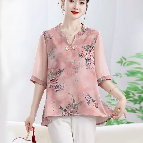 短袖t恤女新中式妈妈上衣2025年夏季新款时尚减龄宽松遮肚子小衫商品大图