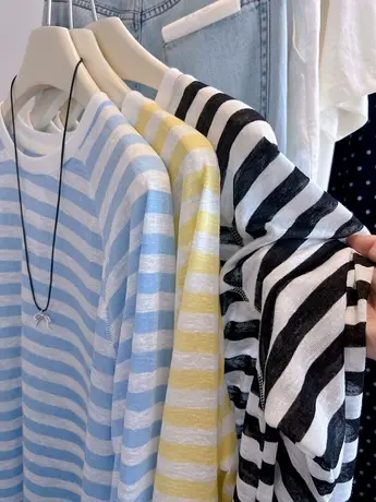 出游度假风！韩国清爽条纹竹节棉轻薄透气慵懒宽松长袖防晒T恤女商品大图