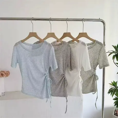 薄款微透长袖T恤罩衫女夏季韩版修身抽褶收腰防晒上衣背心两件套图片