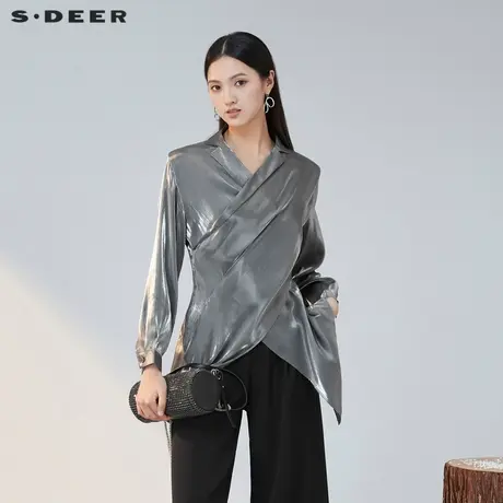 sdeer圣迪奥女装西装领拼接褶皱不规则长袖衬衫S223Z0520图片