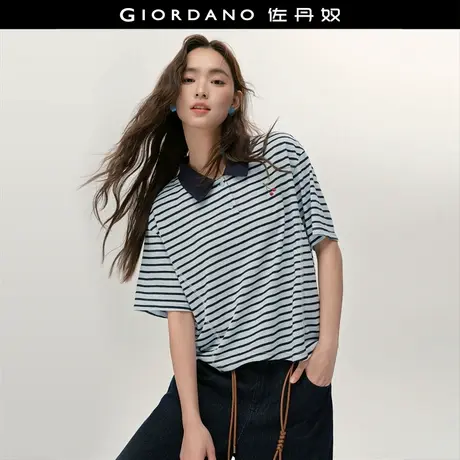 设计师款佐丹奴短袖Polo衫女撞色条纹樱桃刺绣翻领上衣女18315903商品大图