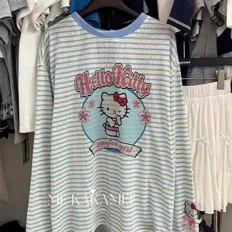 韩国东大门夏季新款卡通印花条纹薄款防晒罩衫上衣女宽松长袖T恤商品大图