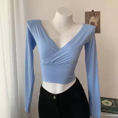 瑜伽健身舞蹈性感V领女人味紧身长袖T恤弹力打底上衣商品大图