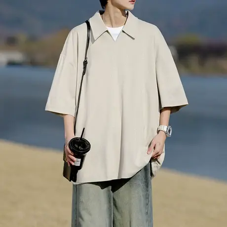 短袖Polo衫男夏季2025新款大码宽松v领冰丝半袖纯色高街翻领T恤潮图片