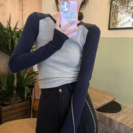 韩系撞色设计内搭打底衫上衣女秋季修身显瘦甜辣妹长袖T恤商品大图