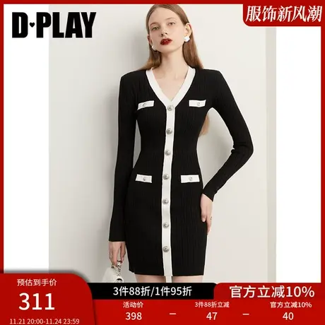 DPLAY秋装新款法式优雅V领定制金属纽扣装饰修身针织连衣裙商品大图