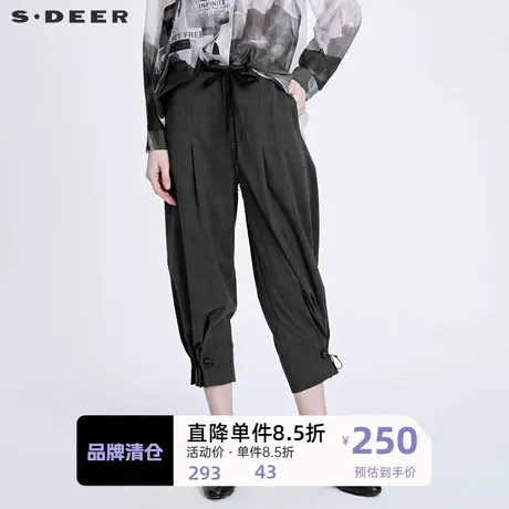 sdeer圣迪奥女装抽绳松紧拼接撞色格纹不规则九分裤S22160813👈商品大图