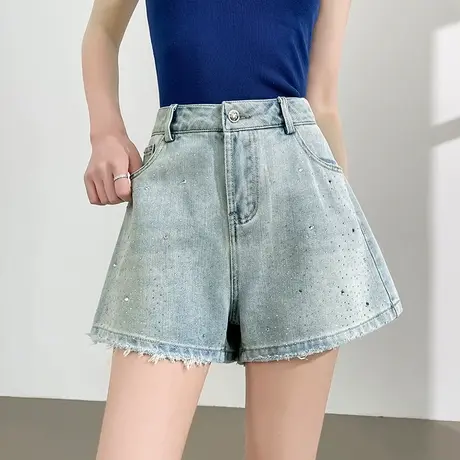 毛边烫钻纯棉牛仔短裤女夏季薄款高腰宽松显瘦a字三分阔腿热裤子商品大图