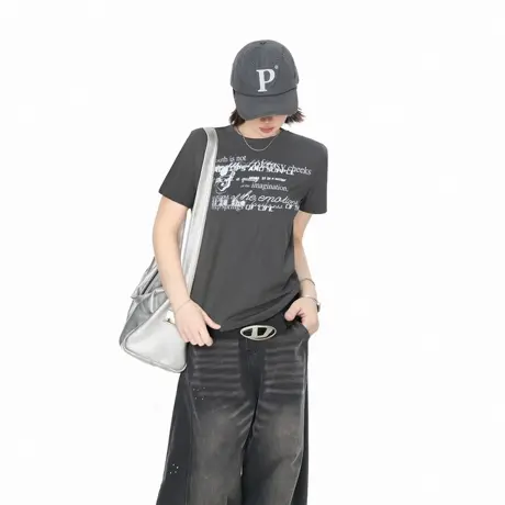 2025夏季新款正肩修身短款印花短袖T恤女潮酷辣妹ins风半袖上衣图片