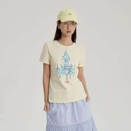 omont蛋挞家 复古印花短袖T恤夏季圆领正肩修身显瘦半袖上衣商品大图