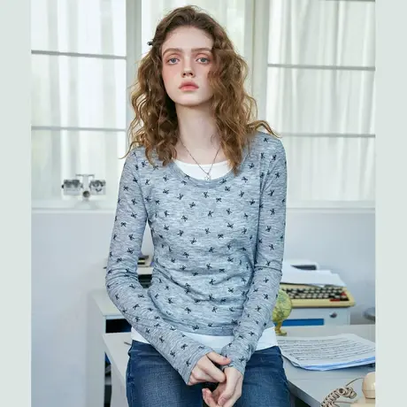 a02原创假两件蝴蝶结印花打底衫2025春季休闲薄款女式长袖T恤图片