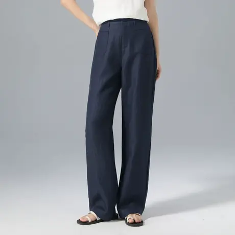 高腰阔腿裤女2025新款夏季薄款藏蓝色天丝亚麻裤子宽松休闲直筒裤图片