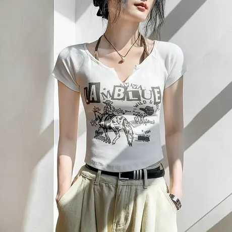 韩版挂脖半开领字母印花短袖T恤女正肩修身小众别致衬衫内搭上衣图片