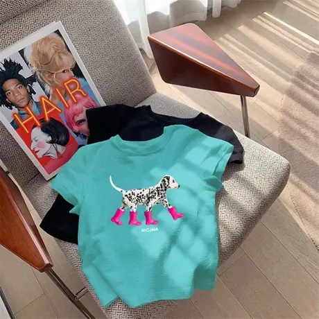 美式斑点狗短袖t恤女2025新款夏季潮牌复古设计感湖蓝色正肩上衣商品大图