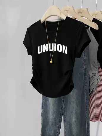 大码显瘦遮肚T恤女hiphop甜辣风褶皱收腰短袖ins潮短款修身上衣夏图片