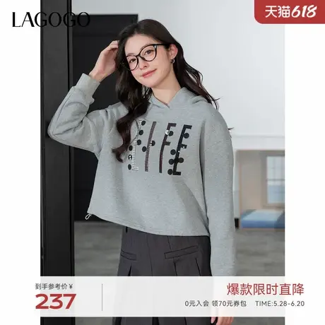 LAGOGO纯棉宽松慵懒连帽卫衣女拉谷谷2025年春新款小个子灰色上衣商品大图