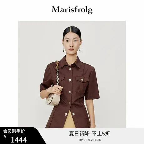 【复古风】玛丝菲尔夏新款深棕色时尚修身气质短袖衬衫女装商品大图