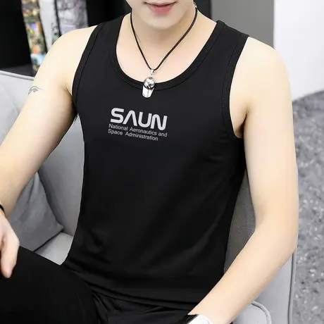 莫代尔男士背心黑色潮印花夏季男装坎肩篮球运动冰丝紧身吊带汗衫商品大图