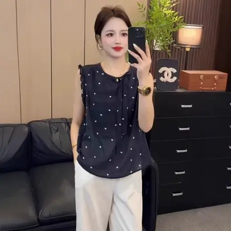 法式蝴蝶结爱心印花背心衬衫女2025夏季新款洋气百搭小衫无袖上衣图片