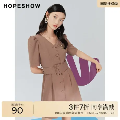 红袖outlets单排扣V领连衣裙hopeshow2022秋新款泡泡袖收腰裙子图片