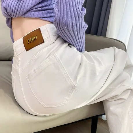 白色九分阔腿牛仔裤女春季2025新款高腰小个子显瘦浅色烟管直筒裤商品大图