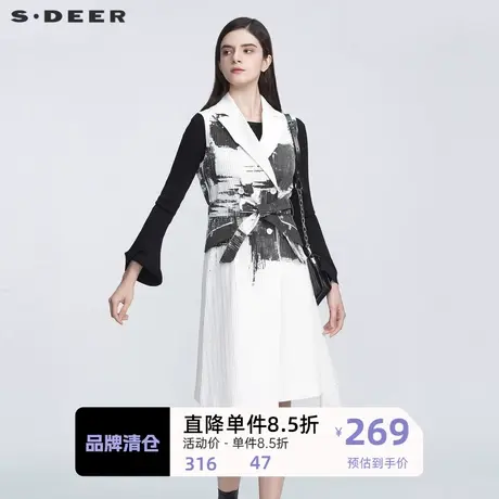 sdeer圣迪奥时尚西装领肌理收腰印花中长款马甲S21181602图片