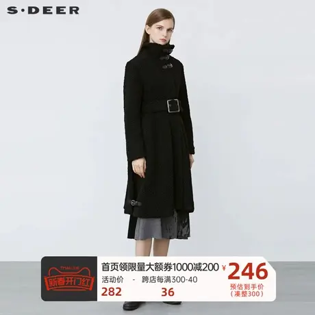 sdeer圣迪奥女装个性高领收腰仿羊羔绒黑色长款大衣S21481816图片