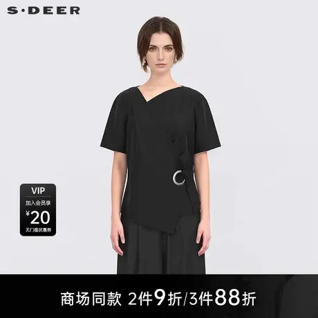 【商场同款】sdeer圣迪奥女不规则领收腰拼接短袖T恤S25283208图片