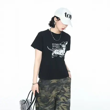 美式甜辣风正肩修身圆领短款创意印花短袖T恤女2025夏季新款上衣图片