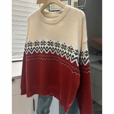 拼色圆领套头毛衣女洋气长袖女装针织衫上衣潮商品大图