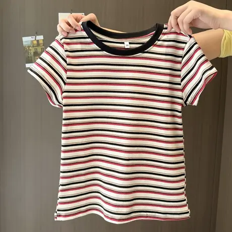 小个子短款短袖T恤女夏季修身韩版内搭可外穿打底衫撞色条纹上衣图片