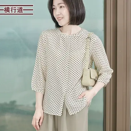复古波点圆领七分袖雪纺衬衫宽松上衣外搭衬衣中袖2025春季女装商品大图