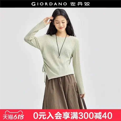 佐丹奴长袖T恤女新款抽褶不规则下摆时尚钩花圆领套头衫18324504图片