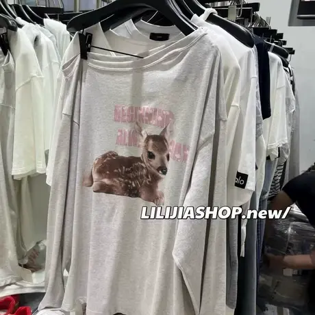 韩国东大门夏季新款斜肩宽松百搭休闲卡通印花长袖T恤防晒上衣女商品大图