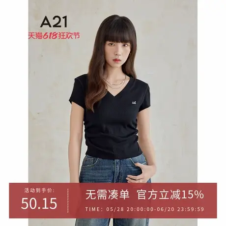 A21女装修身V领短袖T恤夏季纯色简约短款休闲纯色基础打底上衣女图片