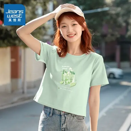 KMV真维斯绿色短款短袖t恤女2025新款夏季小个子纯棉显瘦体恤上衣商品大图