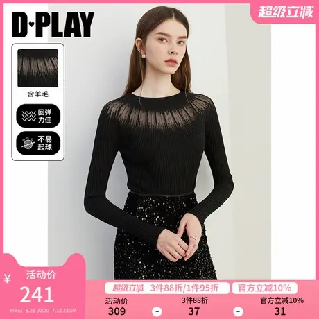 DPLAY2025春季新款黑色圆领百搭羊毛衫套头针织衫女士打底衫上衣商品大图
