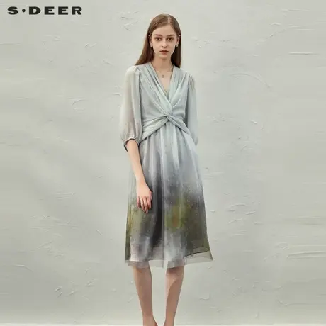 sdeer圣迪奥女装V领压褶交叉晕染网纱七分袖连衣裙S232Z12JP商品大图