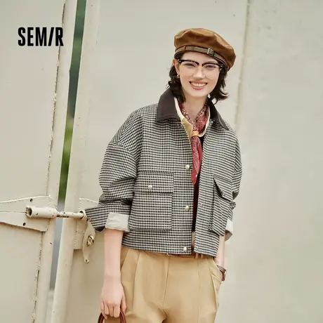 森马外套女短款拼接灯芯绒翻领潮流宽松秋季落肩格纹夹克时尚复古商品大图