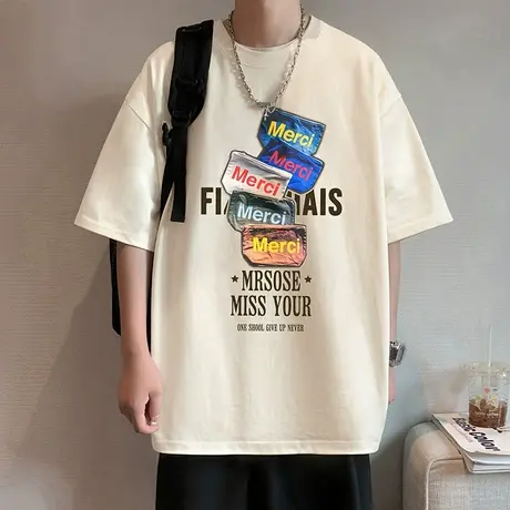 短袖T恤男夏季新款宽松纯棉男生体恤大码潮牌薄款ins美式休闲半袖商品大图