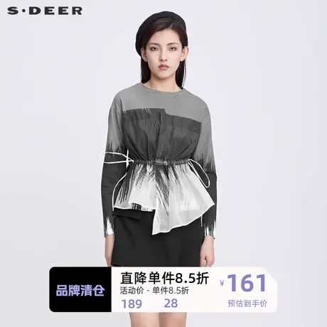 sdeer圣迪奥女装圆领收腰抽褶晕染拼接长袖T恤S22180204👁商品大图