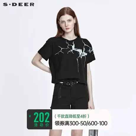 sdeer圣迪奥夏装休闲圆领字母印花内搭正肩短袖黑色T恤S22280110🌛商品大图