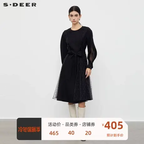 sdeer圣迪奥女装优雅圆领网纱收腰长袖连衣裙S233Z12C4🤡商品大图