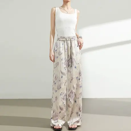 缎面印花冰丝阔腿裤女夏季薄款高腰宽松碎花休闲抗皱直筒拖地裤子图片