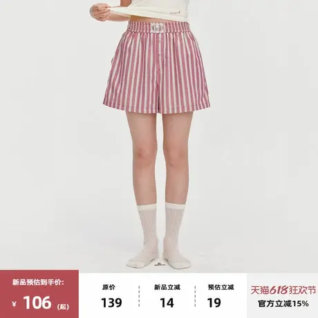 omont蛋挞家复古条纹休闲可外穿家居短裤2025夏弹力腰宽松休闲裤商品大图