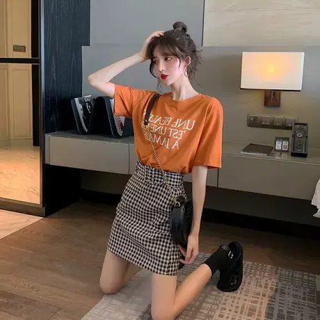 2025新款oversize宽松重磅纯棉橘色短袖t恤女夏季美式设计感上衣图片