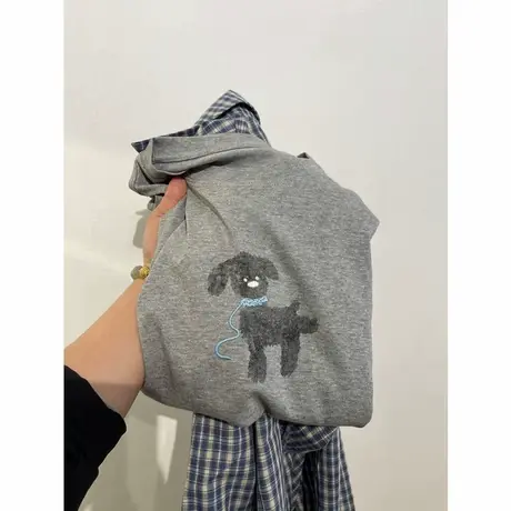 夏季新品 复古美式简约刺绣小狗印花正肩显瘦短袖T恤女百搭上衣潮商品大图