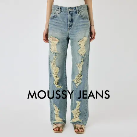 MOUSSY 夏季新品美式复古破洞乞丐裤直筒牛仔裤010HS711-0440图片